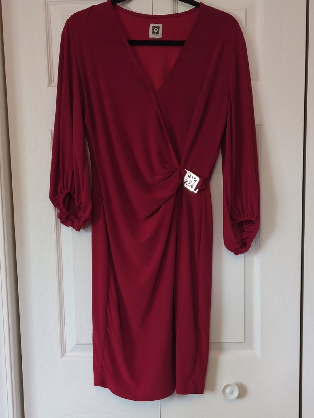 Anne Klein Burgundy Faux-Wrap Midi Dress with Side Buckle